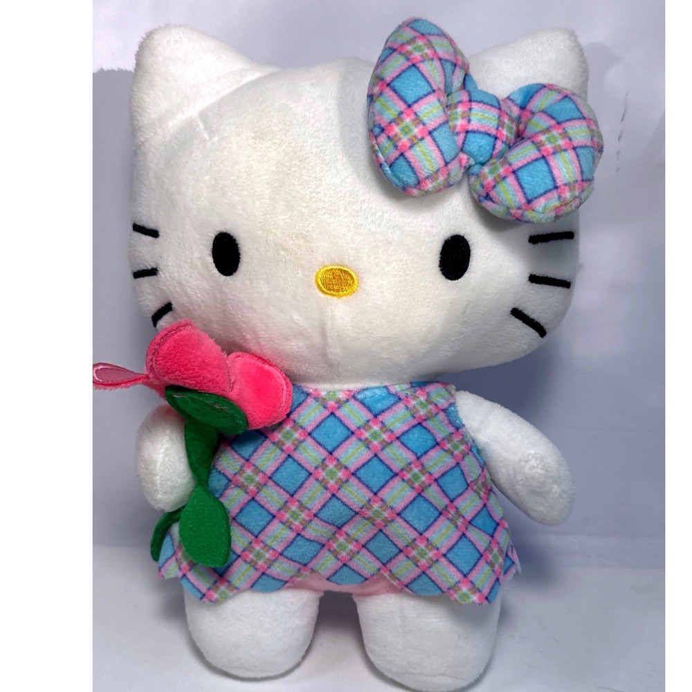 Sanrio Hello Kitty Plush Toy Kids White Excellent Plaid Dress Flower 2024